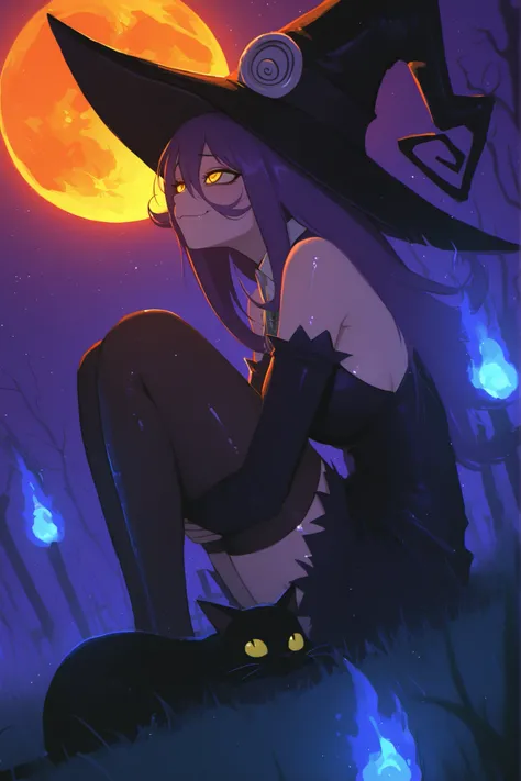 1girl, mature female, blair (soul eater), witch clothes, witch hat, detached sleeves, hugging black cat, whiskers, shiny eyes, looking up, smug, sitting on grass, knees up, folded, stockings,
BREAK
detailed background, night time, horror, fog, brume, mist...