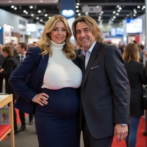 
A 40 years old very beautiful hostess on a trade fair, long dark blonde wavy hair falling a little erotically over her left shoulder, small pregnant belly, she has huge massive low hanging sagging big breasts , ihre extrem riesigen und schweren Brüste hän...