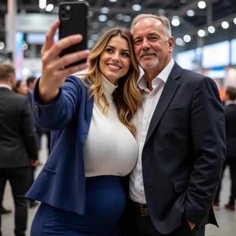 
A 40 years old very beautiful hostess on a trade fair, long dark blonde wavy hair falling a little erotically over her left shoulder, small pregnant belly, she has huge massive low hanging sagging big breasts , ihre extrem riesigen und schweren Brüste hän...