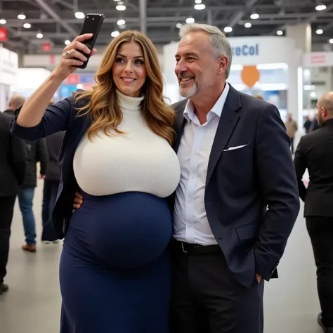 
A 40 years old very beautiful hostess on a trade fair, long dark blonde wavy hair falling a little erotically over her left shoulder, pregnant belly, she has huge massive low hanging sagging big breasts , ihre extrem riesigen und schweren Brüste hängen be...