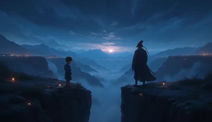 "An animated, emotionally dark yet visually beautiful artwork in 16:9 aspect ratio. Show two characters standing apart on a high cliff or elevated landscape during twilight or nighttime. The younger character stands on one side, small and humble, looking a...