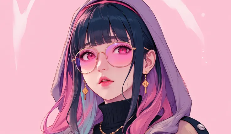 masterpiece, best quality, very awa, very aesthetic, highres, absurdres, digital illustartion, clean vector, 2d flat illustration, Anime screencap, 1girl, solo, long hair, looking at viewer, bangs, simple background, black hair, red eyes, jewelry, jacket, ...