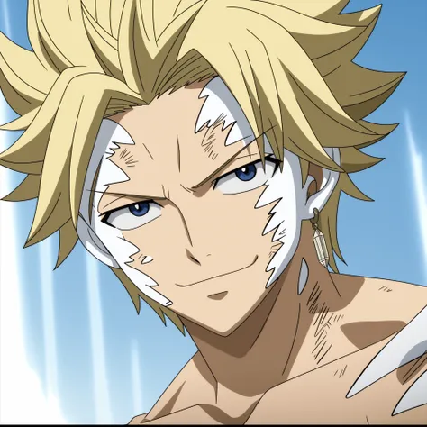 StingFT, Sting blonde hair, light yellow Sting, Sting leads blonde hair, single earring, 1boy, male focus, looking at viewer, anime screencap style, vivid colors, high-quality anime details, soft blue lighting highlighting his features, sky background with...