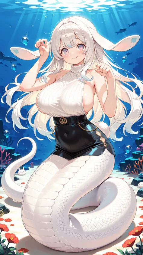 1 female, big boobs,MALICE Pawn March Hare, blush,White hair,White Sleeveless Sweater,Paw Pose,Red Circles,(Underwater:1.2),seabed,full body photo,Rabbit ears,masterpiece,Up to,HD,very beautiful,cute,absurd,(All five fingers  ),Beautiful Woman,White snake ...