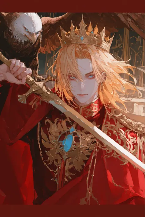 High quality, dynamic upper body portrait of a powerful emperor, handsome young man with long golden blonde hair, piercing blue eyes, fair white skin, wearing a red imperial uniform with gold embroidery, a magnificent golden crown, holding an ornate sword ...