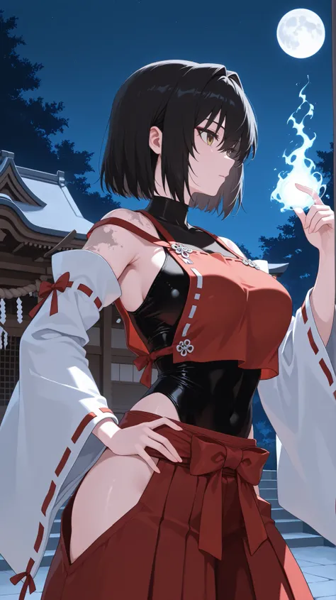 Japanese background,SOLO,A Female,sendai hakurei no miko,red hakama, solo, leotard under clothes, black leotard, japanese clothes, nontraditional miko, black hair, hakama pants, yellow eyes, large breasts, detached sleeves, hip vent,(Black Short hair,intak...