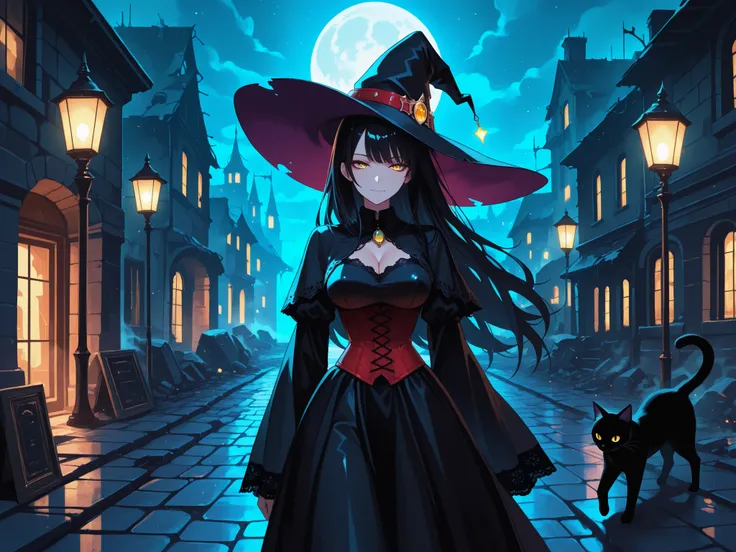 Highest Quality, masterpiece, super high resolution, One Witch, long black hair fluttering in the wind, Slender Body Standing Inside Ruins, Seductive Eyes, beautiful face, gothic black dress, Crimson Corset, Lace Embellished , Big Witch Hat, Graceful Postu...