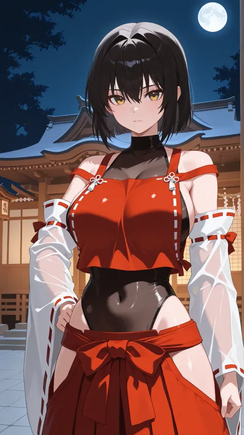 Japanese background,SOLO,A Female,sendai hakurei no miko,red hakama, solo, leotard under clothes, black Fishnet leotard(See-through), japanese clothes, nontraditional miko, black hair, hakama pants, yellow eyes, large breasts, detached sleeves, hip vent,(B...