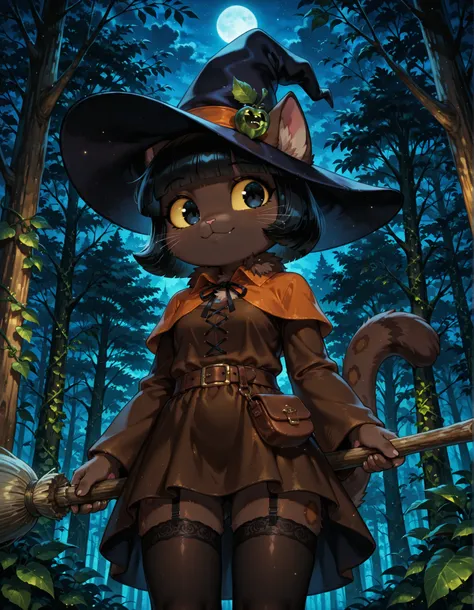 ivyc, 1girl, female, solo, black eyes, yellow sclera, brown fur, black hair, short hair, bob cut, feline, tail,, furry, solo, high detail, 4k, high resolution, Detailed background, spooky forest, night, (Ivy pepper, blunt bangs, black eyes, yellow sclera, ...