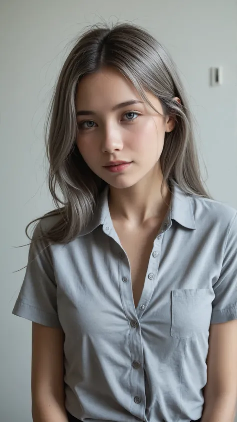 perfect anatomy、very realistic skin texture、Japanese woman, Japanese girl, Small face woman、Single Girl、gradation hair、Dark grey hair、grey eyes、beautiful eyes、(((sesame colored shirt、business shirt:1.37、    unbuttoned Y-shirt    )))、small breasts、Hot Pants...