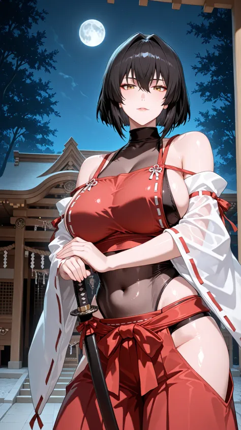 handfixer,Japanese background,SOLO,A mature Female,sendai hakurei no miko,red hakama, solo, leotard under clothes, black Fishnet leotard(See-through), japanese clothes, nontraditional miko, black hair, hakama pants, yellow eyes, large breasts, detached sle...