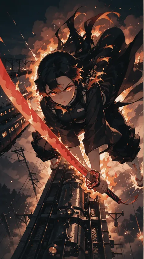 (anime-style:1.3), (masterpiece:1.2), (inspired by Demon Slayer), night scene on a moving steam train, flaming sword clash on top of the train, dynamic camera angle, glowing fire particles, intense battle pose, long black coat fluttering in the wind, blazi...
