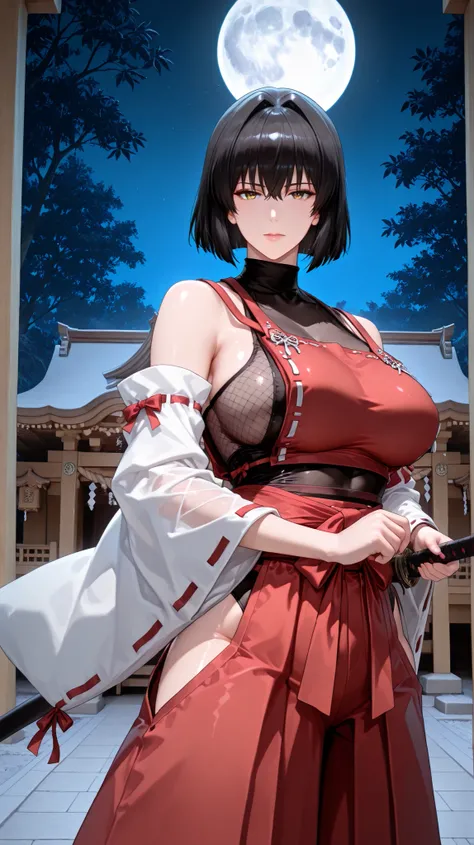 battoujutsu,ready to draw,holding sword,,handfixer,Japanese background,SOLO,A mature Female,sendai hakurei no miko,red hakama, solo, leotard under clothes, black Fishnet leotard(See-through), japanese clothes, nontraditional miko, black hair, hakama pants,...