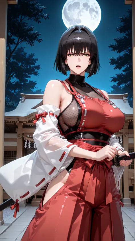 battoujutsu,ready to draw,holding sword,,handfixer,Japanese background,SOLO,A mature Female,sendai hakurei no miko,red hakama, solo, leotard under clothes, black Fishnet leotard(See-through), japanese clothes, nontraditional miko, black hair, hakama pants,...