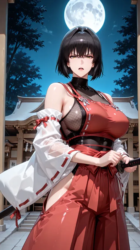 battoujutsu,ready to draw,holding sword,,handfixer,Japanese background,SOLO,A mature Female,sendai hakurei no miko,red hakama, solo, leotard under clothes, black Fishnet leotard(See-through), japanese clothes, nontraditional miko, black hair, hakama pants,...