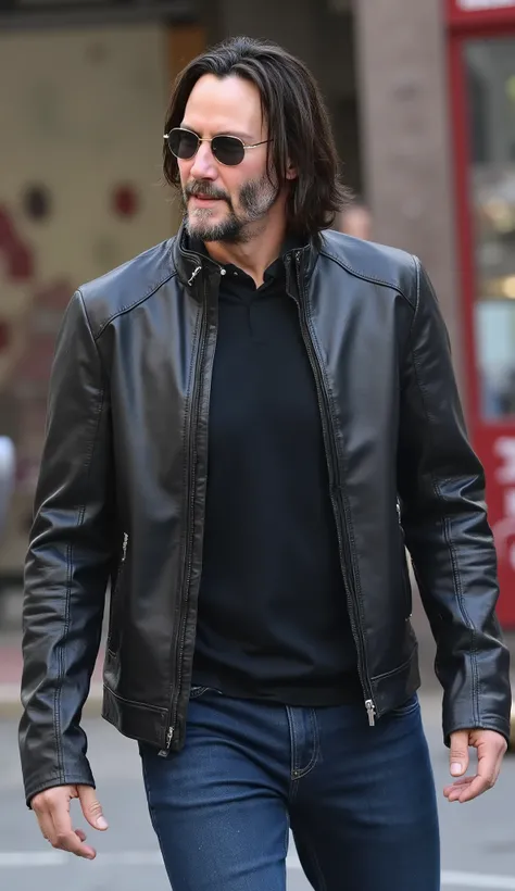 Stylish middle-aged Keanu Reeves with a salt-and-pepper beard, wearing a sleek black leather jacket, dark blue jeans, and modern sunglasses, walking outdoors with confidence. Background slightly blurred with red and white elements, creating a street photog...