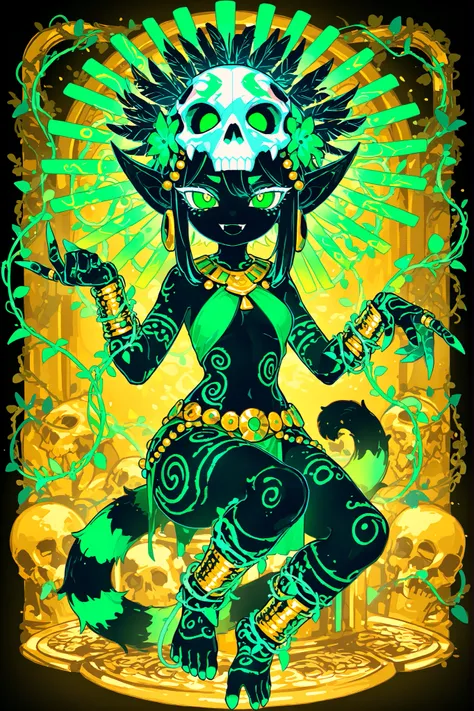 Pagan goddess of the ancient Aztecs. She is a athletic miniature goblin lady with wide hips, small breasts, and large long pointed ears. She has a long multicolored striped smooth tail with tassel. She has green eyes with narrow pupils. She has short  blac...