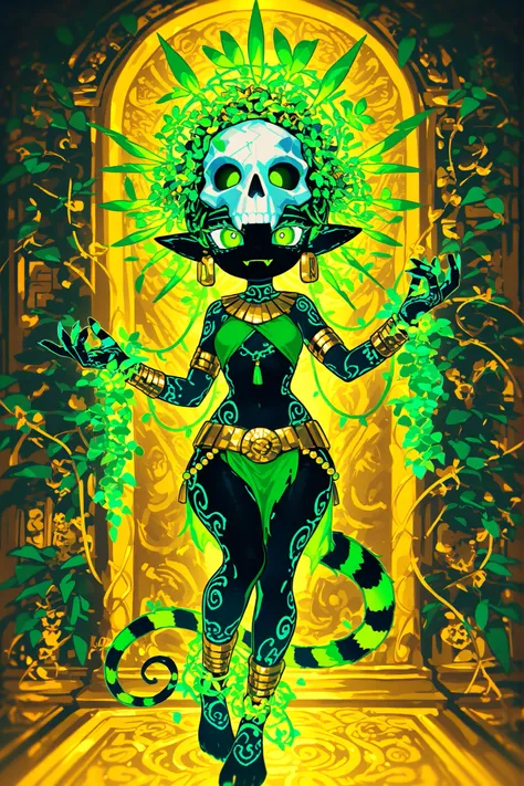 Pagan goddess of the ancient Aztecs. She is a athletic miniature goblin lady with wide hips, small breasts, and large long pointed ears. She has a long multicolored striped smooth tail with tassel. She has green eyes with narrow pupils. She has short  blac...