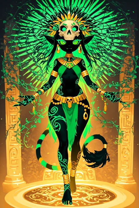 Pagan goddess of the ancient Aztecs. She is a athletic miniature goblin lady with wide hips, small breasts, and large long pointed ears. She has a long multicolored striped smooth tail with tassel. She has green eyes with narrow pupils. She has short blac...
