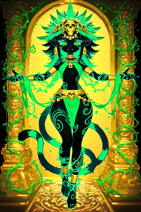 Pagan goddess of the ancient Aztecs. She is a athletic miniature goblin lady with wide hips, small breasts, and large long pointed ears. She has a long multicolored striped smooth tail with tassel. She has green eyes with narrow pupils. She has short blac...