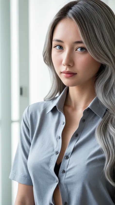 perfect anatomy、very realistic skin texture、Japanese woman, Japanese girl, Small face woman、Single Girl、gradation hair、Dark grey hair、grey eyes、beautiful eyes、(((sesame colored shirt、business shirt:1.37、    unbuttoned Y-shirt    )))、small breasts、Hot Pants...