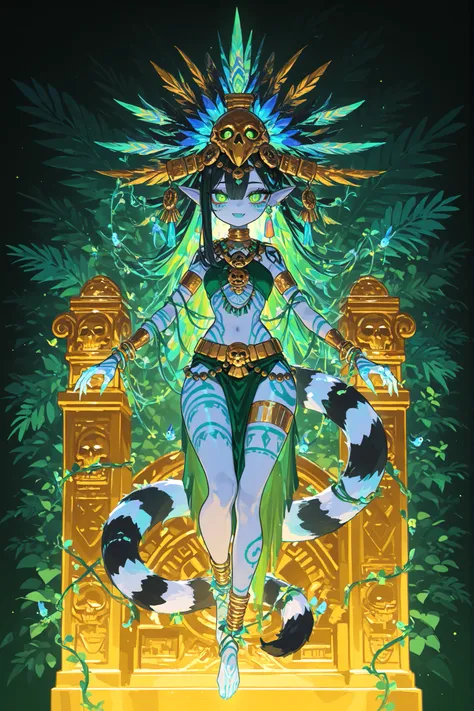 (M3s0, jewelry, hair ornament,) Pagan goddess of the ancient Aztecs. She is a athletic miniature goblin lady with wide hips, small breasts, and large long pointed ears. She has a long multicolored striped smooth tail with tassel. She has green eyes with na...