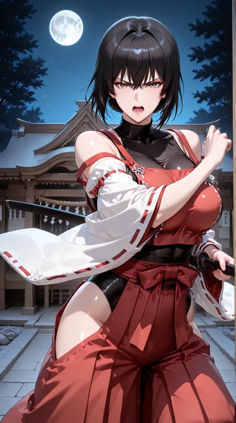 battoujutsu,ready to draw,holding sword,,handfixer,Japanese background,SOLO,A mature Female,sendai hakurei no miko,red hakama, solo, leotard under clothes, black leotard, japanese clothes, nontraditional miko, black hair, hakama pants, yellow eyes, large b...