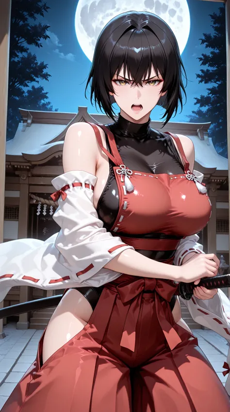 battoujutsu,ready to draw,holding sword,,handfixer,Japanese background,SOLO,A mature Female,sendai hakurei no miko,red hakama, solo, leotard under clothes, black leotard, japanese clothes, nontraditional miko, black hair, hakama pants, yellow eyes, large b...