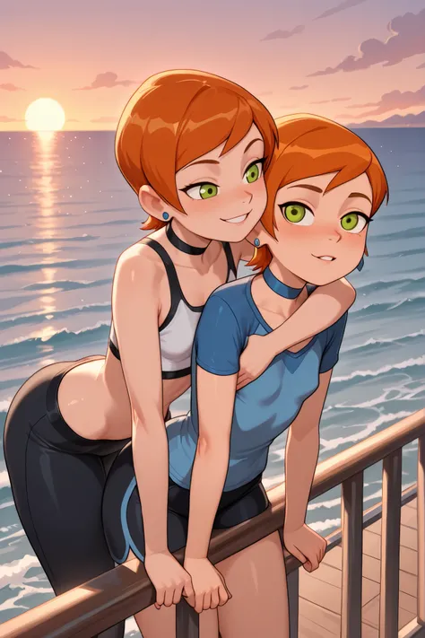 Gwen Tennyson . ginger . very short hair . green eyes . flat breasts, flat chest, huge hips . slim body . choker . | absurdres, sensitive, titanic hug, hug from behind, couple, hetero, 1young femboy(small breasts), the difference in size, the difference ...