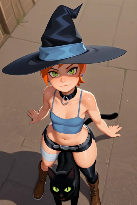 Gwen Tennyson . ginger . very short hair . green eyes . flat breasts, flat chest, huge hips . slim body . choker . | HDR, 8K, masterpiece, best quality, amazing quality, very aesthetic, (realistic:1), (haiz_ai:1), (no lineart:1), (no outline:1), (artist:...