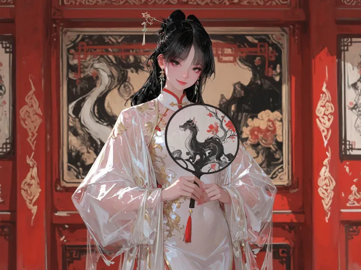 medium shot, front shot, looking at viewers, makes an aesthetic, Master piece, Best Quality, ultra detailed, A room in a Chinese imperial palace in background, a beautiful girl, solo, Chinese princess, Hair half up, beautiful black hair, graceful and sedu...