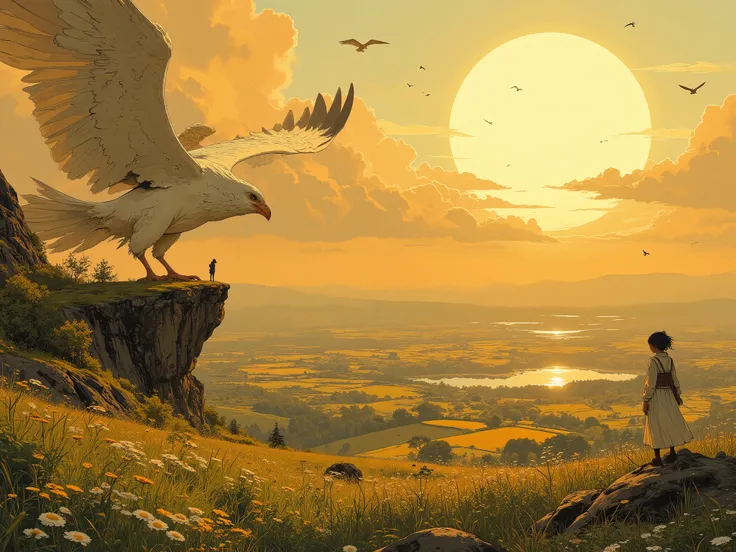 very wide shot, fantasy world, Golden, sunrise, dew-kissed, meadows, serene, morning, magnificent panorama view, flock of birds, a girl riding huge white bird, (overlooking:1.3), pixel art