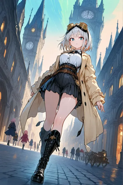 Anime style, more fine trait, masterpiece, dynamic angle, confident sensual female time traveler stands amid a majestic ancient city at golden hour, looking at viewer, wearing a sophisticated fusion of Victorian and futuristic attire. Her outfit features a...
