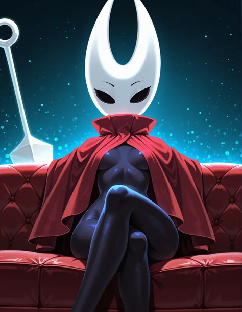 hornet_hollow_knight, hornet_(hollow_knight),, 2d, masterpiece, best quality, amazing quality, very aesthetic, absurdres, newest, ultra-detailed, (small, short, petite), 1girl, (solo),  ((no mouth)), red cloak covering upper body, thin legs, BREAK  blue li...