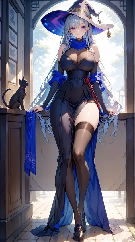 masterpiece,Highest Quality, Extremely Fine, beauty, Exquisite, 16K, Extreme skin texture, Full HD,
Profession：Sorceress
Hair Color：White Silver
Hairstyle：Long straight hair
Eyes：Sky Blue Eye Beads
Face：Face Red
Wearing：Purple Black Witch Hat with Head
Scarf：Star Pattern Long Scarf
Costume：Black Lace Sleeveless Dress Skirt Bottom 4-Piece Slit
Footwear：Black Transparency 50%Stockings
Charm：Chest Red Chinese Knot
Shoes：Purple Black High Boots
Giant Black Cat
Emphasis：witch hips on cat's body
Background：starry night