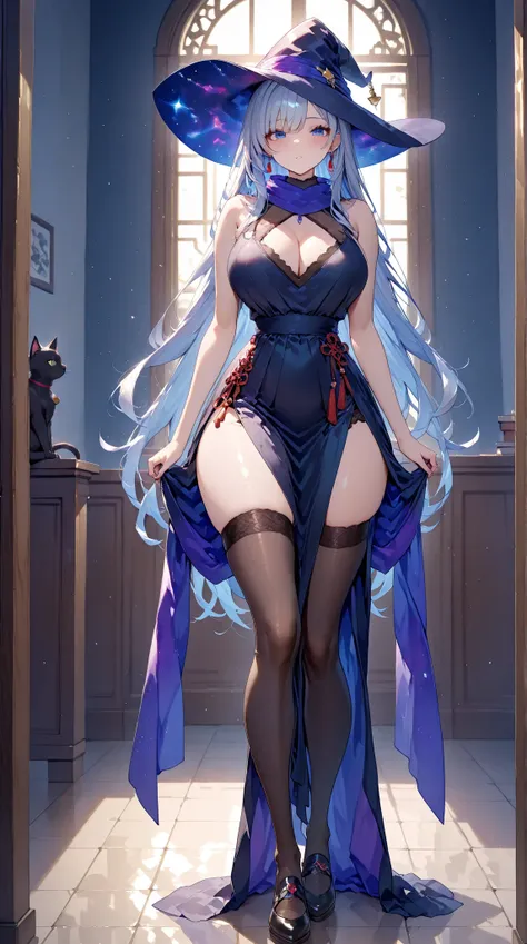 masterpiece,Highest Quality, Extremely Fine, beauty, Exquisite, 16K, Extreme skin texture, Full HD,
Profession：Sorceress
Hair Color：White Silver
Hairstyle：Long straight hair
Eyes：Sky Blue Eye Beads
Face：Face Red
Wearing：Purple Black Witch Hat with Head
Scarf：Star Pattern Long Scarf
Costume：Black Lace Sleeveless Dress Skirt Bottom 4-Piece Slit
Footwear：Black Transparency 50%Stockings
Charm：Chest Red Chinese Knot
Shoes：Purple Black High Boots
Giant Black Cat
Emphasis：witch hips on cat's body
Background：starry night