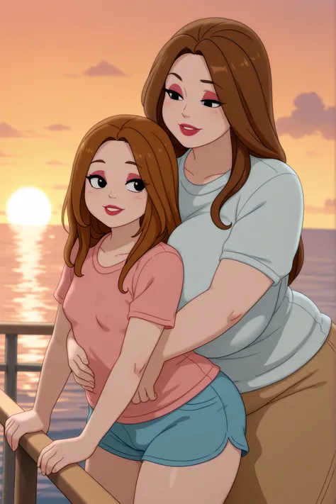 Debra, huge saggy breasts. Pale red lipstick, brown hair,black eyes, pale red makeup, long hair, thick hips, chubby, overweight, mature woman. | absurdres, sensitive, titanic hug, hug from behind, couple, hetero, 1young femboy(small breasts), the differenc...