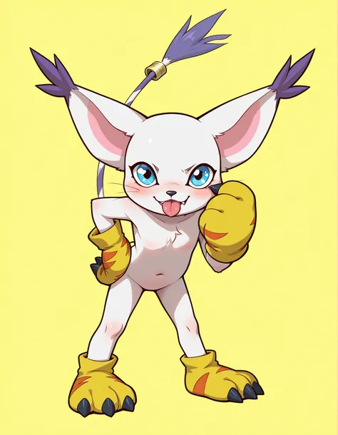 safe, digimon, gatomon, felid, feline, mammal, absurd res, full-length portrait, hi res, portrait, black nose, blue eyes, blush, clothing, cute fangs, dipstick ears, ear tuft, eyelid pull, eyelid pull taunt, featureless crotch, front view, glistening, glis...