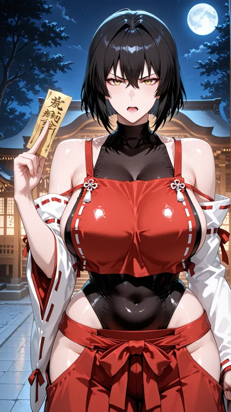 handfixer,Japanese background,SOLO,A mature Female,sendai hakurei no miko,red hakama, solo, leotard under clothes, black leotard, japanese clothes, nontraditional miko, black hair, hakama pants, yellow eyes, large breasts, detached sleeves, hip vent,(Black...