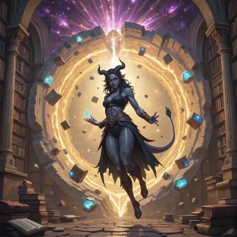 Main scene: A breathtaking cosmic rift, shimmering with the energy of amethyst and gold, tears through the fabric of reality in a dusty ancient library. Books and scrolls float in zero gravity, trapped by the shockwave from the portal's appearance. The mai...