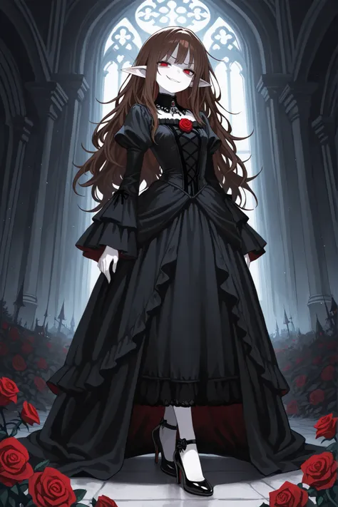 masterpiece , best quality , amazing quality , very aesthetic, woman, white skin, pale skin, tall, rounded elf ear, red eyes, drooping eyes, cold look, white pupil, feline pupil, long messy hair, brown hair, bangs, sharp canines, smirk, black gothic dress,...