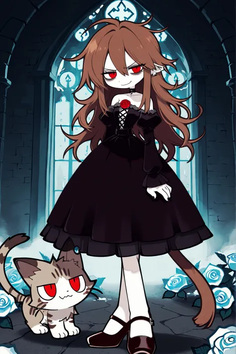 masterpiece , best quality , amazing quality , very aesthetic, woman, white skin, pale skin, tall, rounded elf ear, red eyes, drooping eyes, cold look, white pupil, feline pupil, long messy hair, brown hair, bangs, sharp canines, smirk, black gothic dress,...