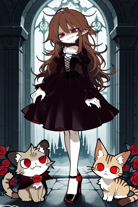masterpiece , best quality , amazing quality , very aesthetic, woman, white skin, pale skin, tall, rounded elf ear, red eyes, drooping eyes, cold look, white pupil, feline pupil, long messy hair, brown hair, bangs, sharp canines, smirk, black gothic dress,...