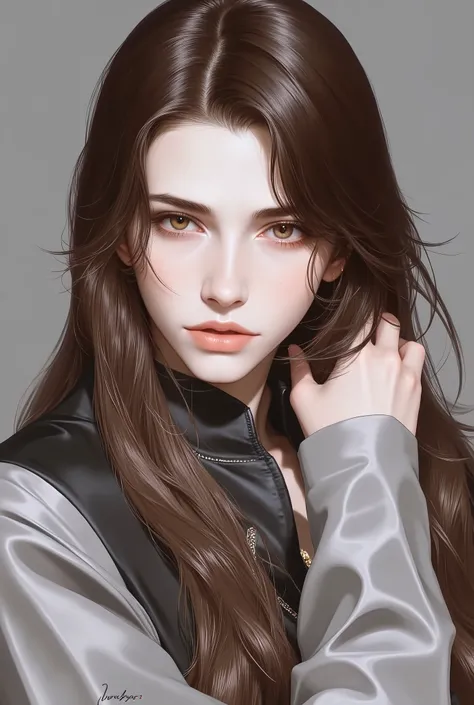 Girl, long straight brown hair, brown eyes, sharp features, beautiful, perfect, elegant white skin, wearing a shirt with gray sleeves, delicate art, bright and clear colors, high quality resolution .

