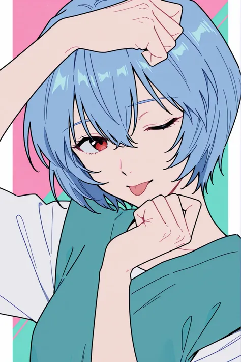 score_9, score_8_up, score_7_up, tongue out, hand up, clenched hand, hand on own head, one eye closed, :p, ;P,  masterpiece, high quality, anime screencap, anime coloring,anime screenshot,1girl,solo,ayanami rei_\(evangelion\), looking at viewer,, ((backgro...