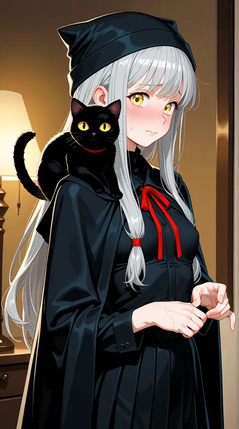 8K (high resolution) (Super Detailed)　(masterpiece)　(Highest Quality)　animation illustration　detailed eyes　detailed face　Feminine Detailed Hands　Delicate hair　 detailed wrinkles on clothes　fine skin　detailed background　early 10s　yellow eyes　(Grey Hair)　Lon...