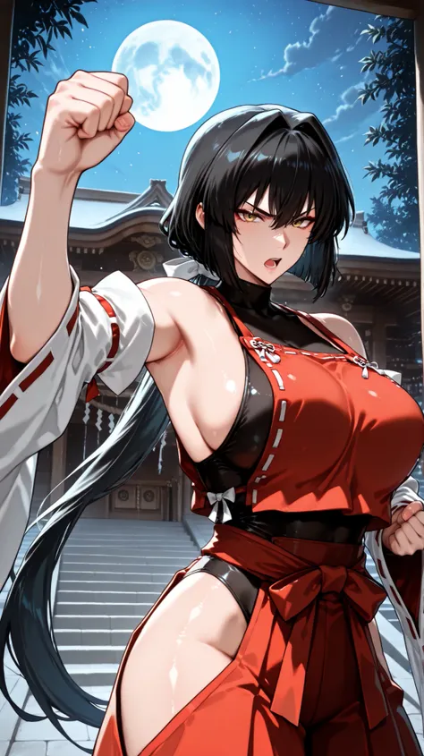 memepunch, raised fist drawn back, pepe punch, looking at viewer, pepe punch meme,handfixer,Japanese background,SOLO,A mature Female,sendai hakurei no miko,red hakama, solo, leotard under clothes, black leotard, japanese clothes, nontraditional miko, black...