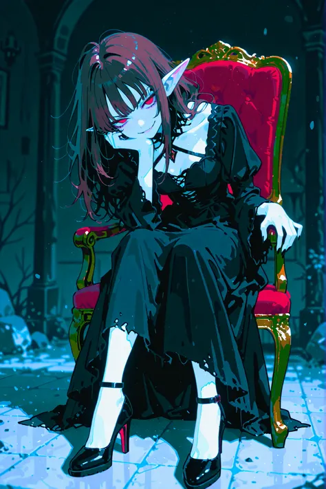 masterpiece , best quality , amazing quality , very aesthetic, woman, white skin, pale skin, tall, rounded elf ear, red eyes, drooping eyes, cold look, white pupil, feline pupil, long messy hair, brown hair, bangs, sharp canines, smirk, black gothic dress,...