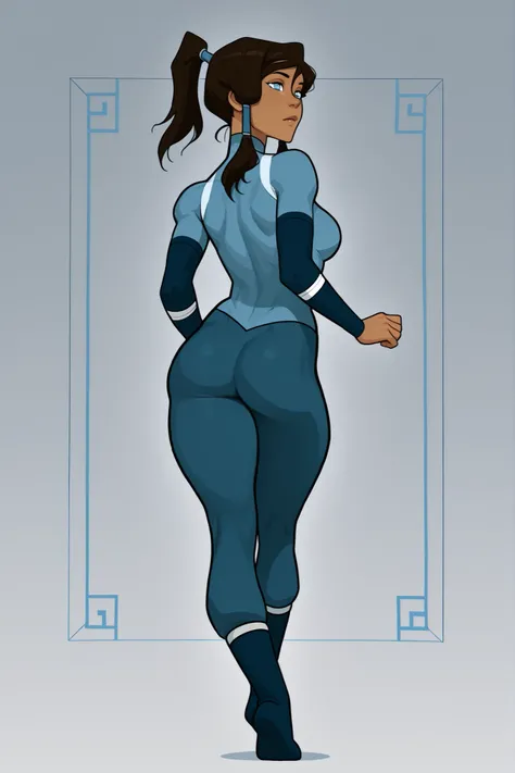 Korra from avatar legend of korra, female, sharp youthful face, dark brown skin, blue eyes glowing faintly, brown hair with ponytail, tall athletic build, medium size breasts, curvy body, wearing good attire, sexy playful pose. 8K ultra HD, high quality, 2...