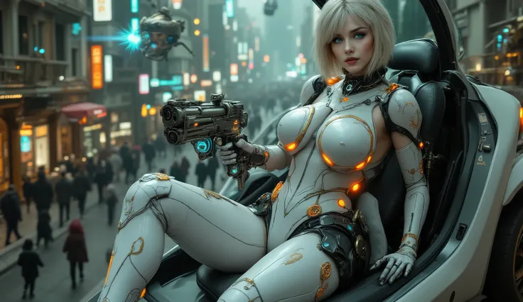 _**main subject:**
Very beautiful Scandinavian woman, 22 years old, full body. Appearance: White hair, bright blue eyes, with bioluminescent tattoos on her arms and hands in blue.
_**pose:**
The woman is sitting in a flying car seat. The door is open, offe...